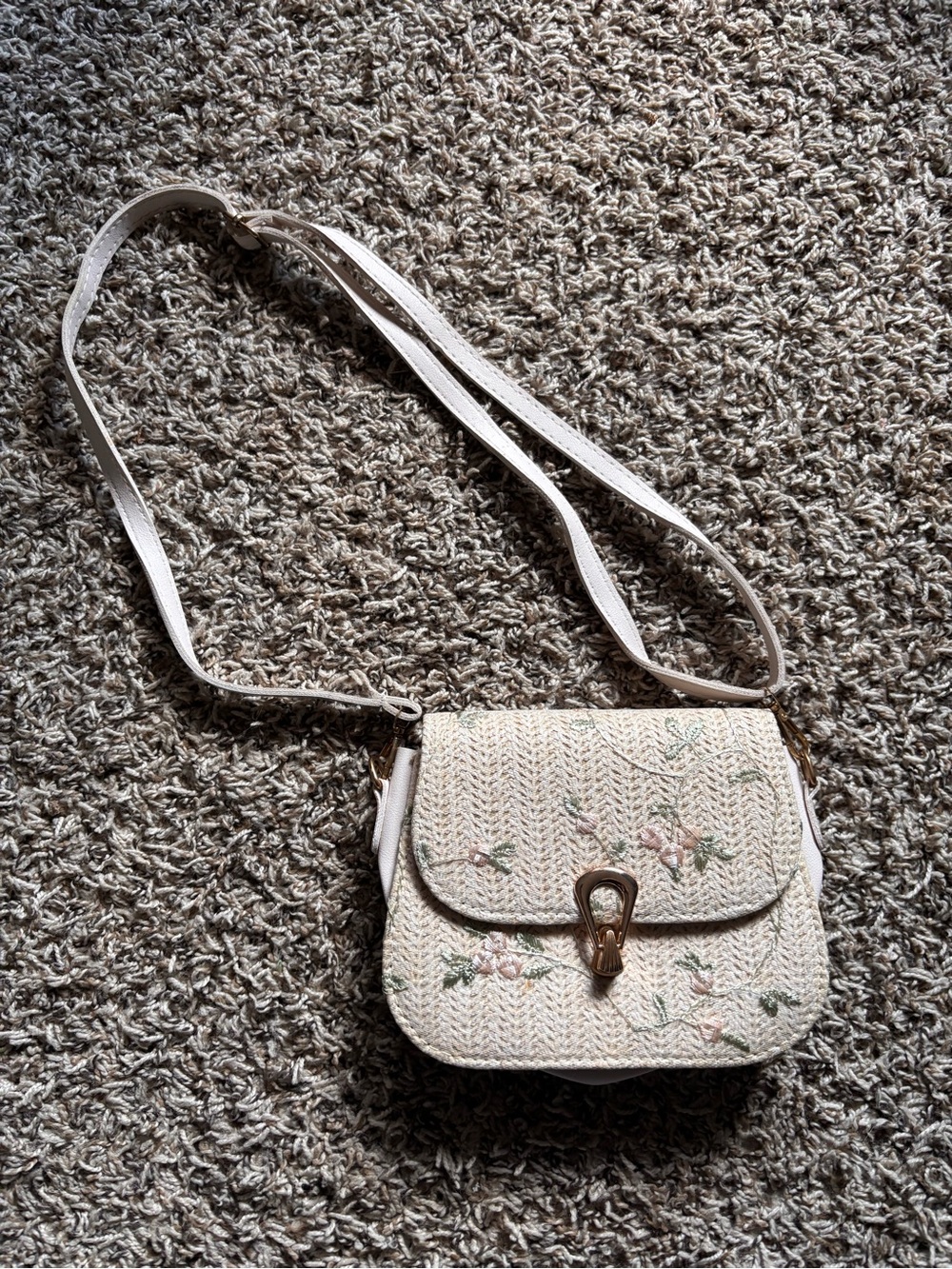 Woven Cream Crossbody Bag with Floral Embroidery